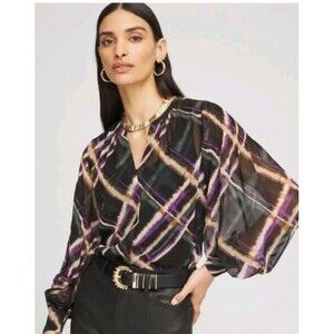 Chico's Plaid Pintuck Sheer Georgette  Women's Button Front Blouse Size 14